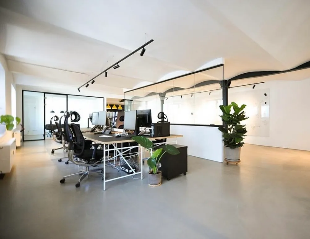 Abgebildet ist unser modernes Büro in Düsseldorf, das offene Arbeitsplätze, Pflanzen und eine entspannte Atmosphäre zeigt, die Teamarbeit und Remote-Optionen unterstützt.