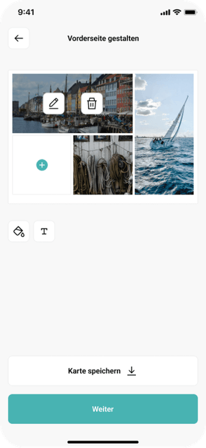 App-Screenshot der Pokamax App mit Editor zur Gestaltung einer Postkarte mit Fotos und Textoption.