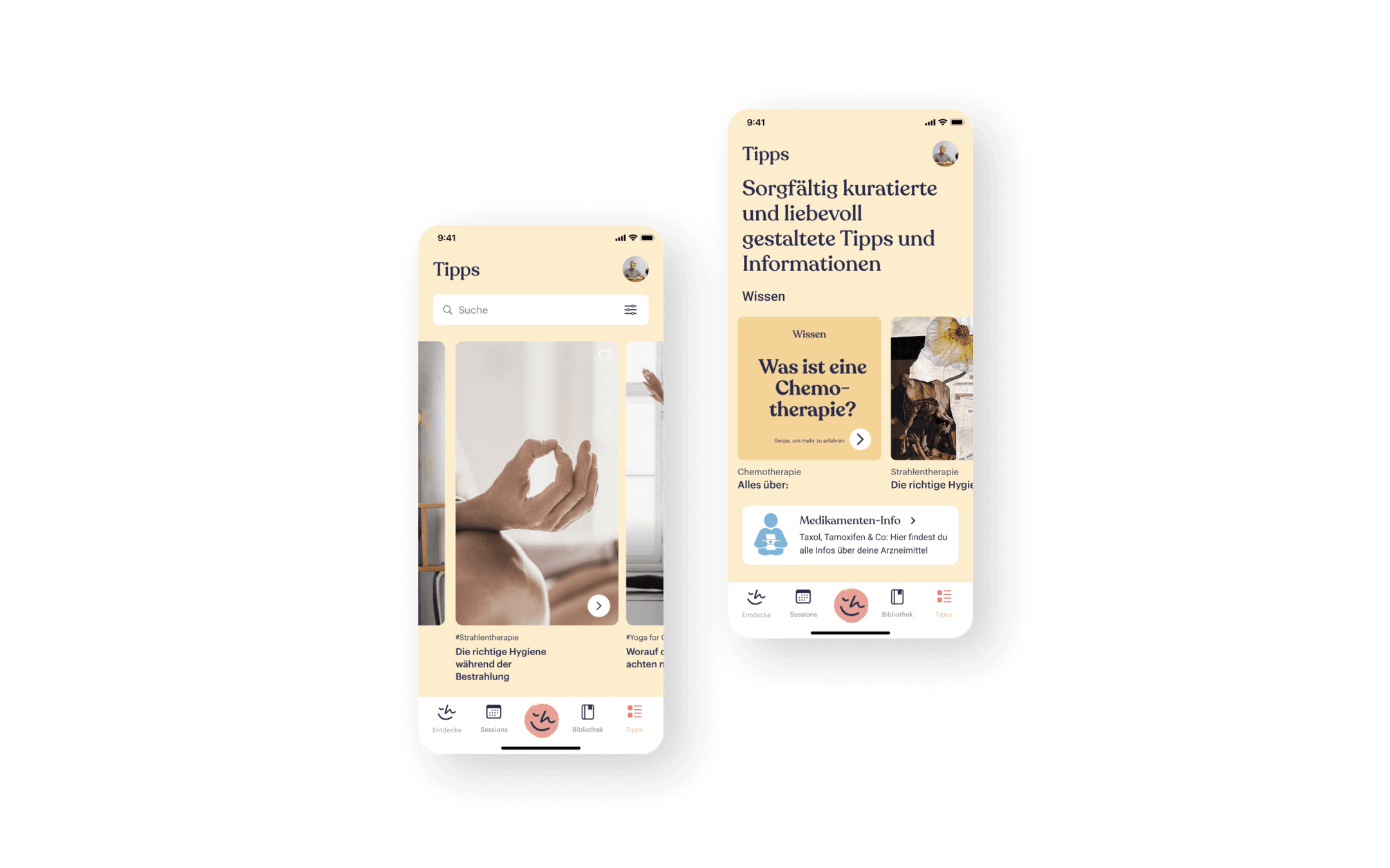 Im Folgenden werden mehrere Benutzeroberflächen der Happie Haus App präsentiert. Zwei Screens stellen Chemotherapie Tipps und Artikel zur Krebsbehandlung dar.