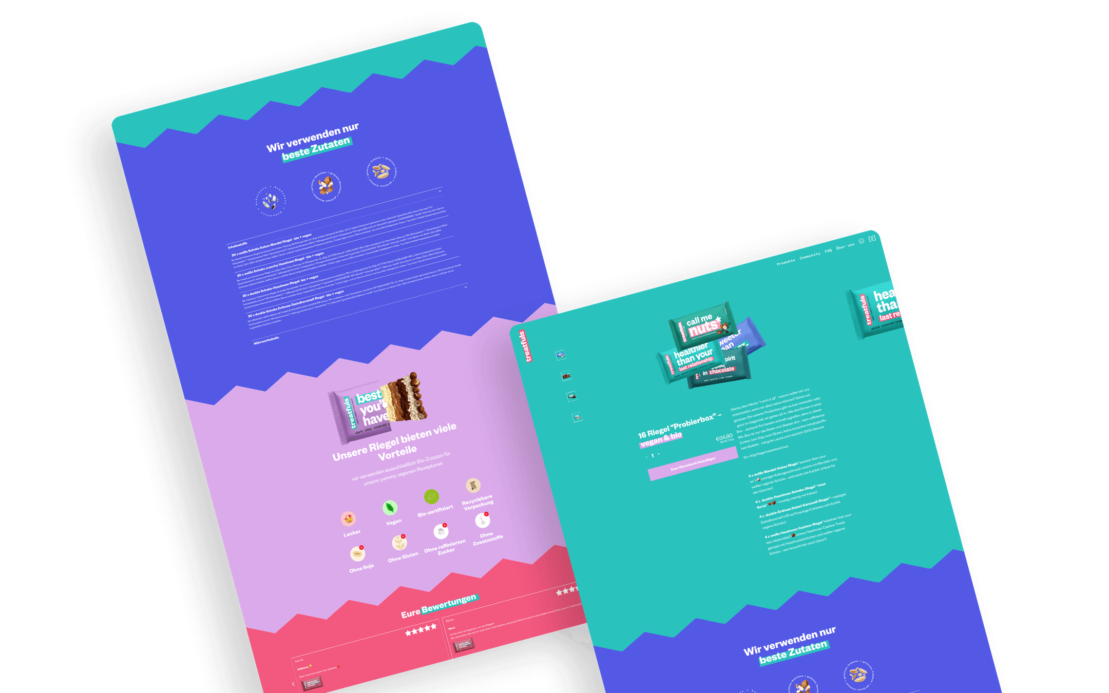 Die nächsten Abschnitte präsentieren einige Screendesigns der treatfuls App. Der erste Screen stellt die Verwendung bester Zutaten und Vorteile der veganen Snackriegel dar. Ein zweiter Screen demontiert das Angebot einer Probierbox und betont dazu die Vielfalt der biologischen Riegel. Die Farben von Treatfuls strahlen in lebendigen, intensiven Tönen.