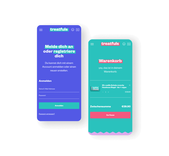 Im nächsten Abschnitt liegen drei weitere Screens die den Anmeldebereich, den Warenkorb und das Navigationsmenü zeigen. Treatfuls verwendet gerne spielerische Sätze wie ‚Yay, das ist in deinem Warenkorb‘, um den Einkaufsprozess unterhaltsam zu gestalten. Das Navigationsmenü bietet Links zu Produktübersichten, Community-Engagement, FAQs und Unternehmensinformationen.