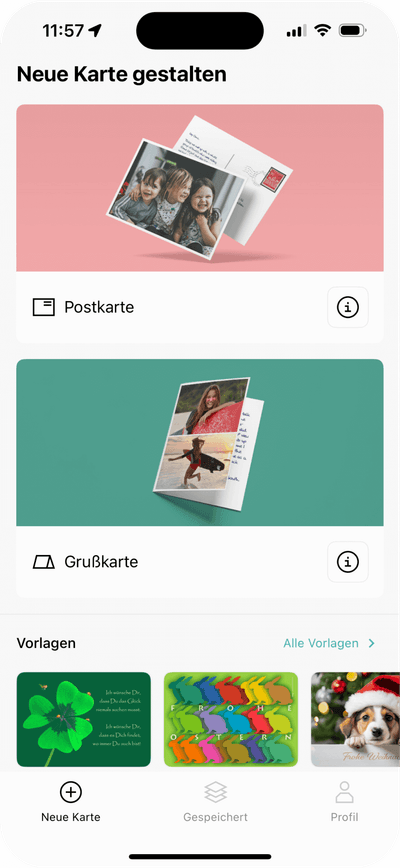 Zur Veranschaulichung wird eine Darstellung eines Screens der Pokamax App, mit Optionen zur Gestaltung von Post- und Grußkarten sowie Vorlagen-Auswahl präsentiert.