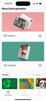 Ein Screen der Pokamax App wird präsentiert, der einen kurzen Einblick in die Optionen zur Gestaltung von Post- und Grußkarten sowie die Vorlagen-Auswahl gibt.